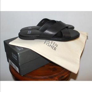 NWB $185 Eileen Fisher US 9.5 Criss-Cross Slides CAPE-LT Black Leather Sandals.